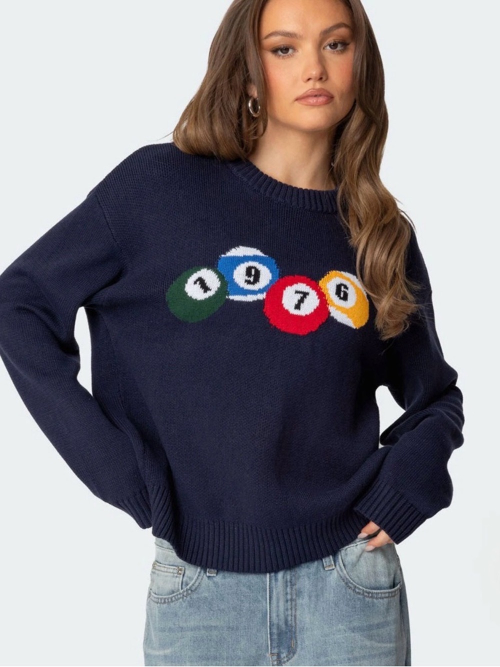 Edikted Navy Sweater with Pool Ball Graphic